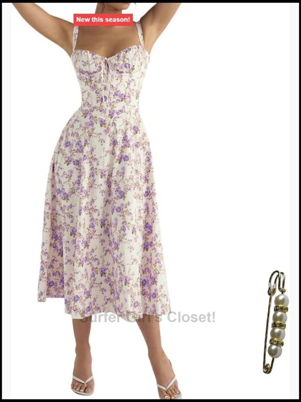 Floral Corset Midi Dress Square Neck A-Line with Slit